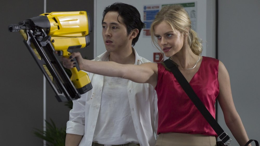 Steven Yeun and Samara Weaving in Mayhem