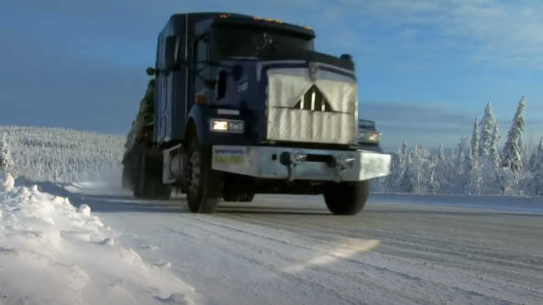 A big rig truck hustling across the ice