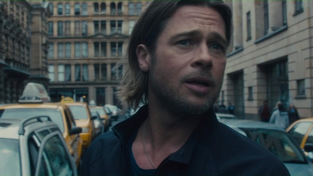 A closeup of actor Brad Pitt as Gerry Lane in World War Z