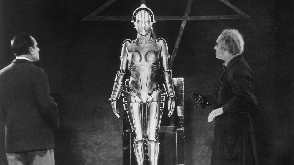 A black-and-white photo of the female robot from Metropolis