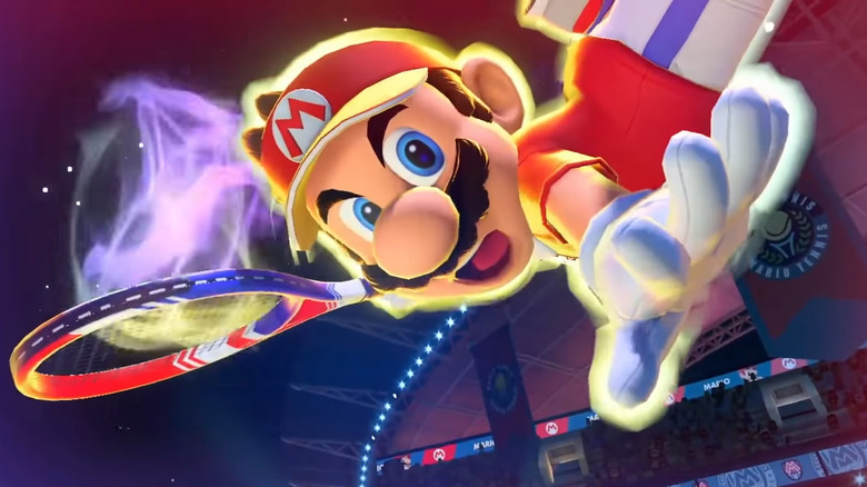 Mario brandishing a tennis racket