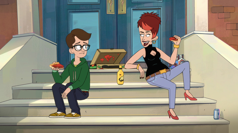 Daniel and Diane eat pizza on stoop