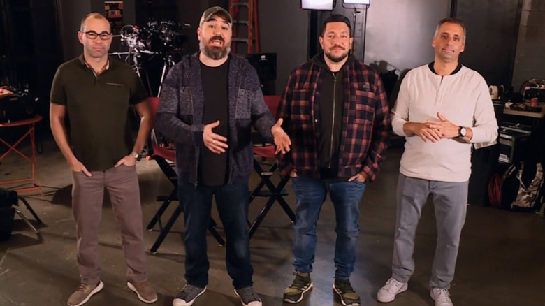 The Impractical Jokers address the camera on set