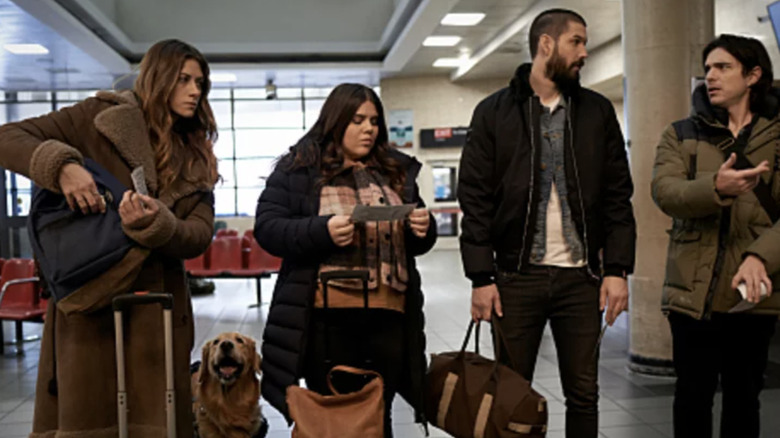 Murphy, Jess, Max, Felix and Pretzel at the airport