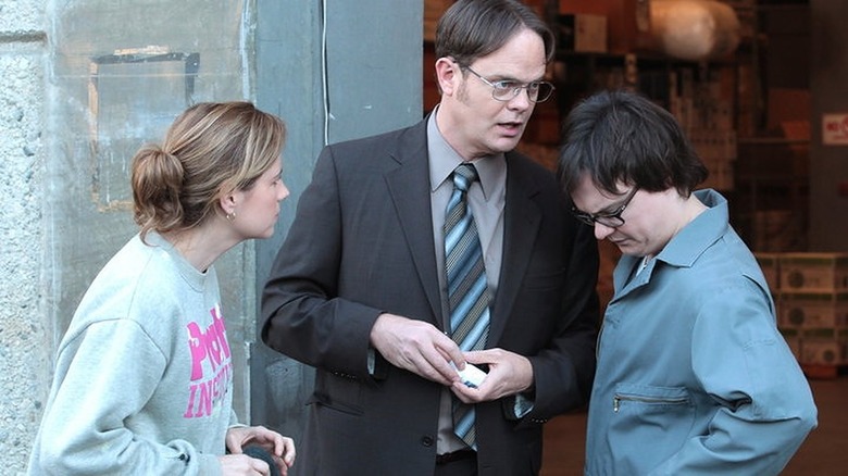 Clark, Pam, and Dwight plotting