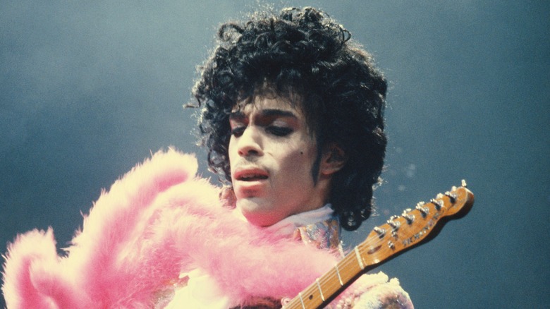 Prince serenades in pink boa