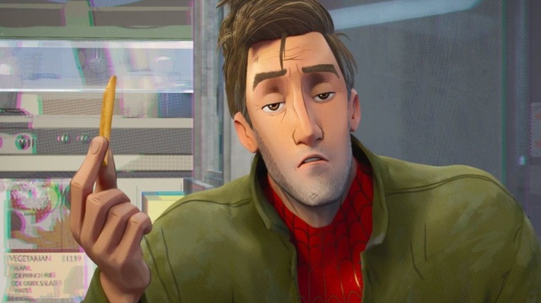 Animated Peter Parker holding french fry