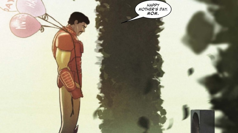 Iron Man standing in front of his mother's grave