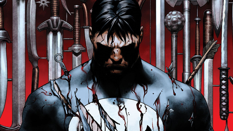 The Punisher in front of swords