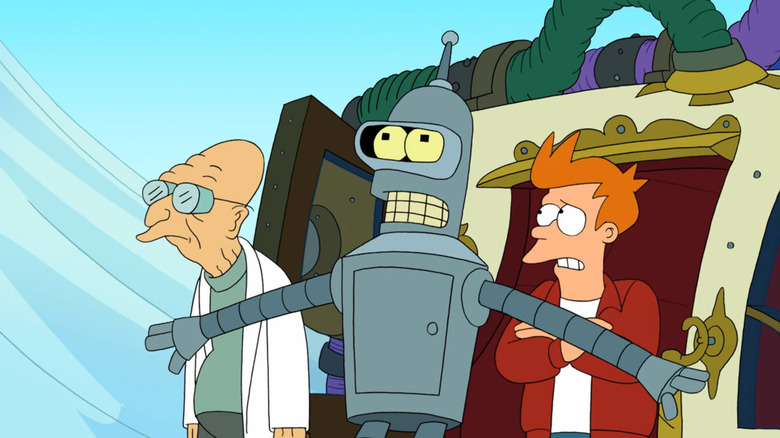 Professor Farnsworth, Bender, and Fry visit the future in Futurama