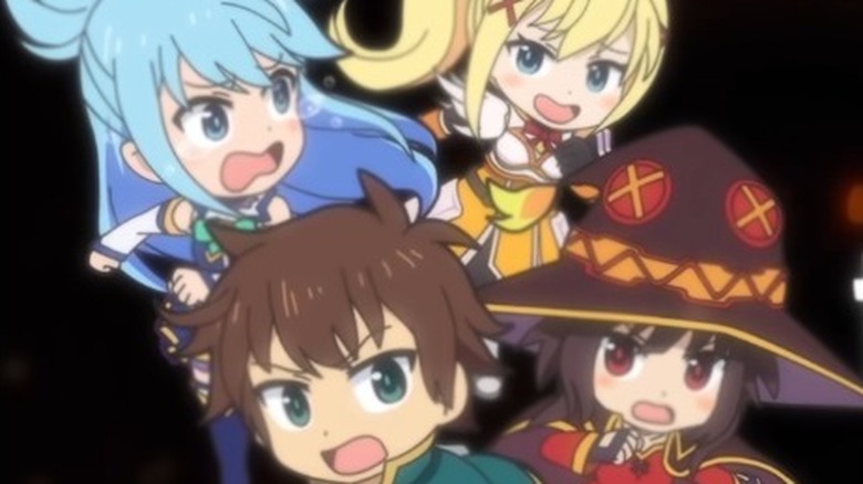 The cast of KonoSuba appearing in Isekai Quartet