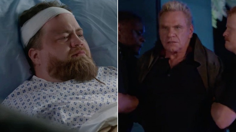 On left, Paul Walter Hauser sits in hospital bed. On right, Martin Kove is arrested.