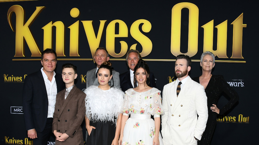 Knives Out cast: Michael Shannon, Jaeden Martell, Daniel Craig, Katherine Langford, Don Johnson, Ana de Armas, Chris Evans and Jamie Lee Curtis attend the premiere of Lionsgate's "Knives Out" at Regency Village Theatre on November 14, 2019 in Westwood, California