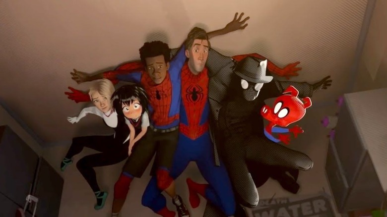 All of the Spider-Verse Peters on the ceiling