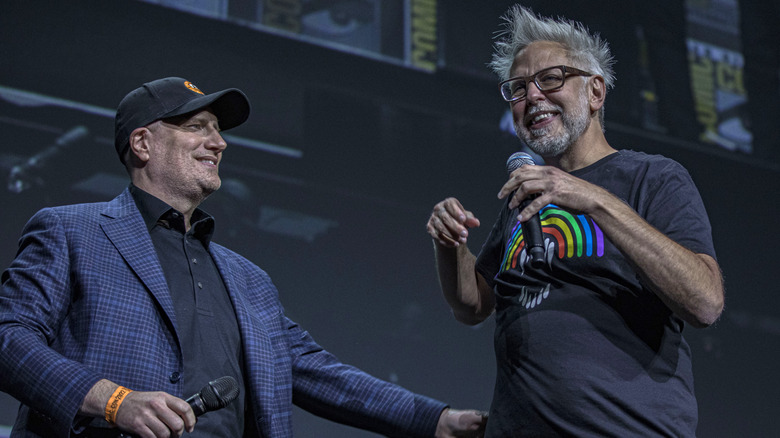 Kevin Feige and James Gunn onstage together at 2022's San Diego Comic Con