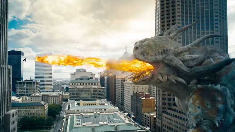 Monster breathing fire toward Clark Kent in the Superman trailer