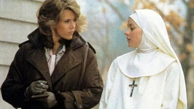 Jane Fonda chats with a nun