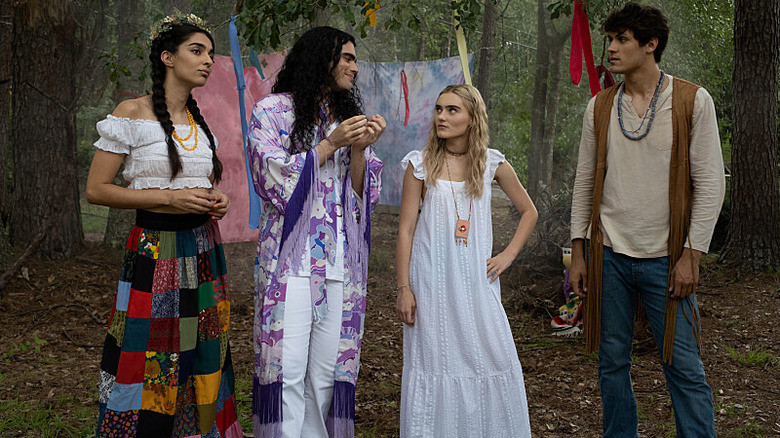 Mary, John, and the gang in hippie outfits