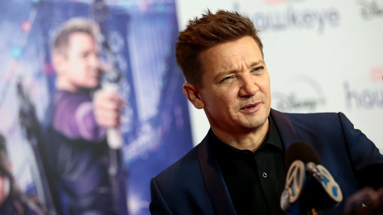 Jeremy Renner speaks to reporters at the Hawkeye screening