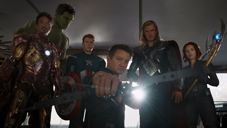 Original Avengers with Loki in Stark Tower