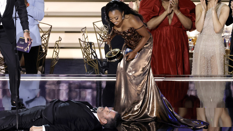 Quinta Brunson and Jimmy Kimmel at the Emmy Awards