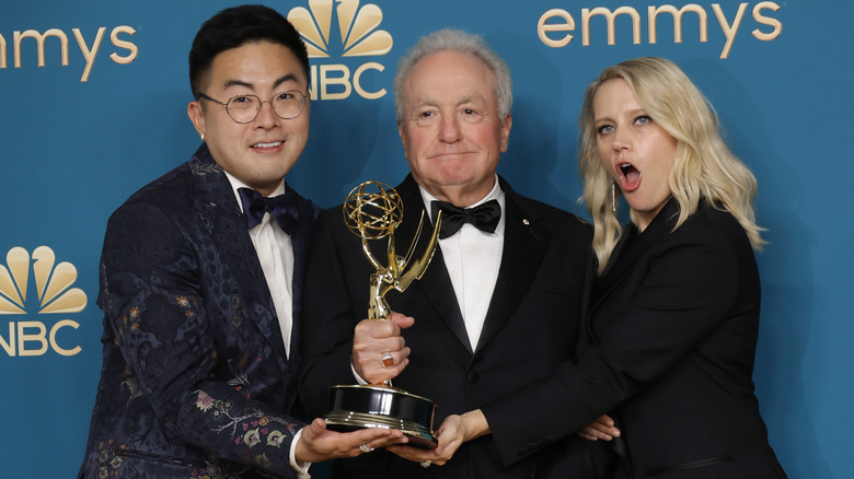 Bowen Yang, Kate McKinnon, and Lorne Michaels at Emmys with award