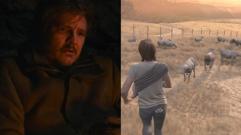 Joel by the fire in The Last of Us and Ellie herding sheep in The Last of Us Part II