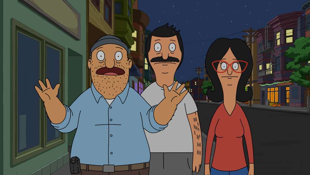 Teddy, Bob Belcher, and Linda Belcher in the "Heartbreak Hotel-oween" special Halloween episode of BOB'S BURGERS