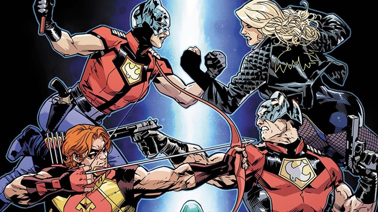 Peacemaker and Peacewrecker fighting Black Canary and Roy Harper