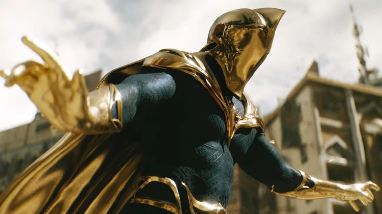 Doctor Fate is wearing blue and gold uniform