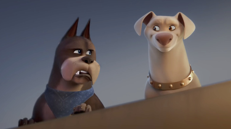 Ace and Krypto wearing a blue scarf and a gold collar in DC League of Super-Pets