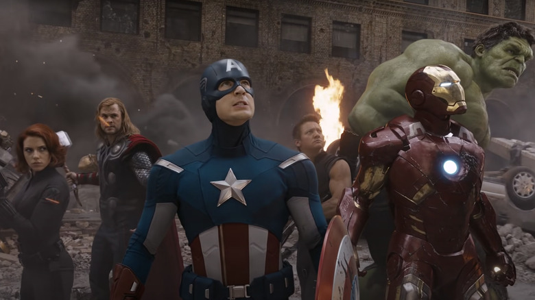 The Avengers all fighting together for the first time in The Avengers 2012 movie