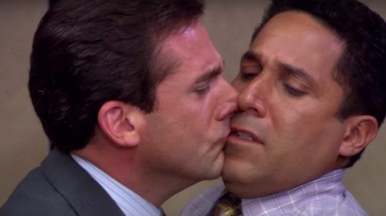 Steve Carell kissing Oscar Martinez in the "Gay Witch Hunt" episode of The Office