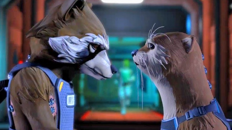 Rocket and Lylla embracing marvel's guardians of the galaxy