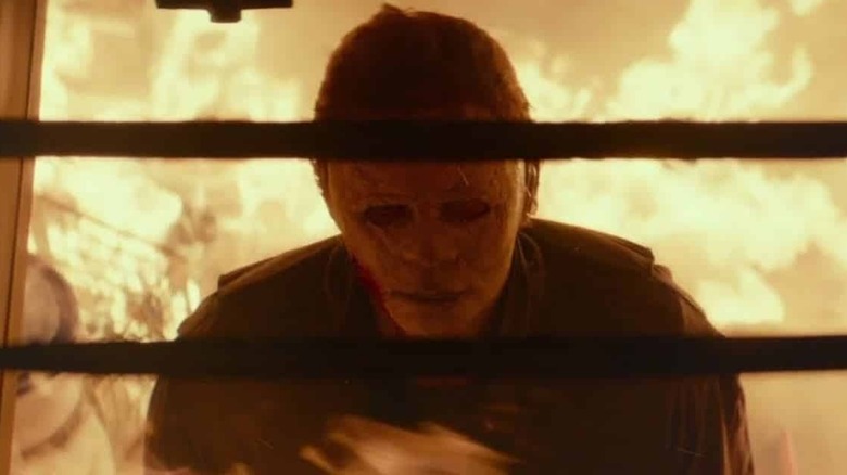 Michael Myers in flaming building