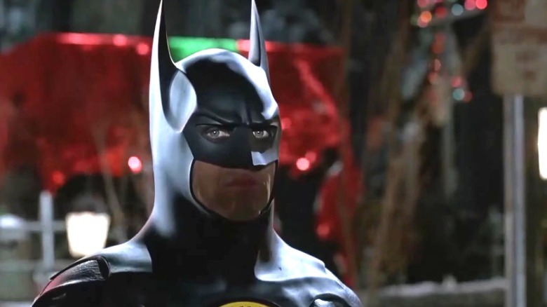 Michael Keaton wears Batman cowl