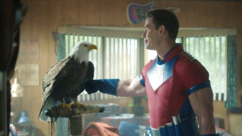 John Cena and Eagly the eagle (voice of Dee Bradley Baker) inside in "Peacemaker"