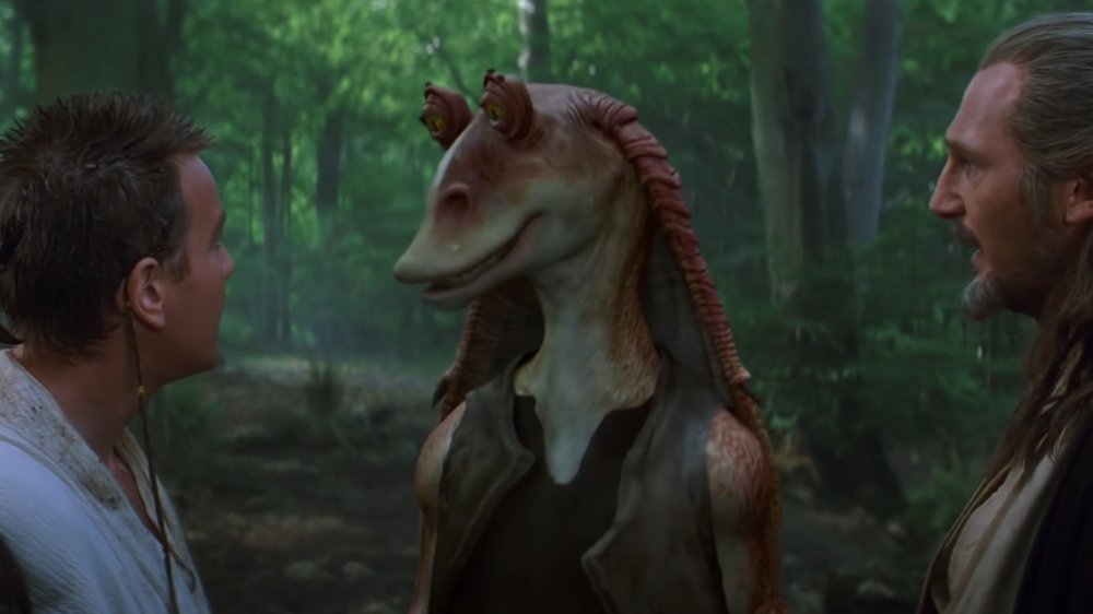 Ahmed Best as Jar Jar Binks with Ewen McGregor and Liam Neeson