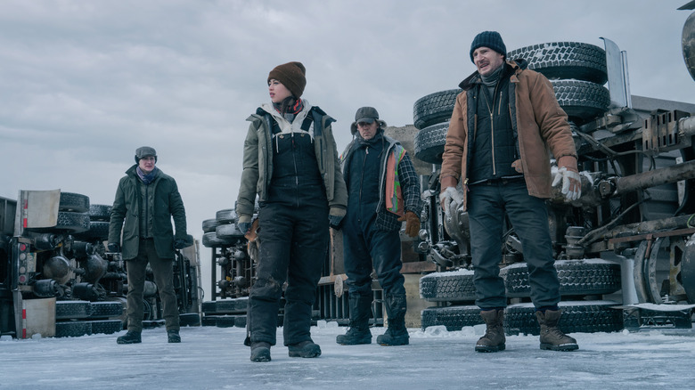 Benjamin Walker, Amber Midthunder, Marcus Thomas and Liam Neeson in "The Ice Road"