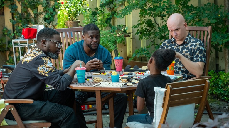 Lil Rel Howery, Kevin Hart, Melody Hurd, and Anthony Carrigan in "Fatherhood"