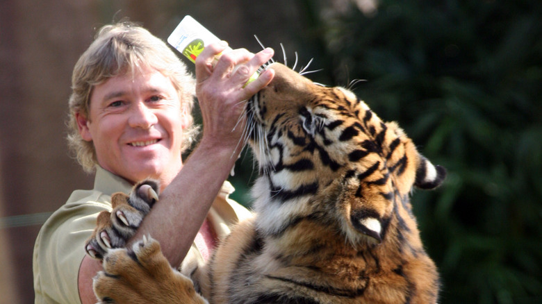 Steve Irwin posing with a tiger