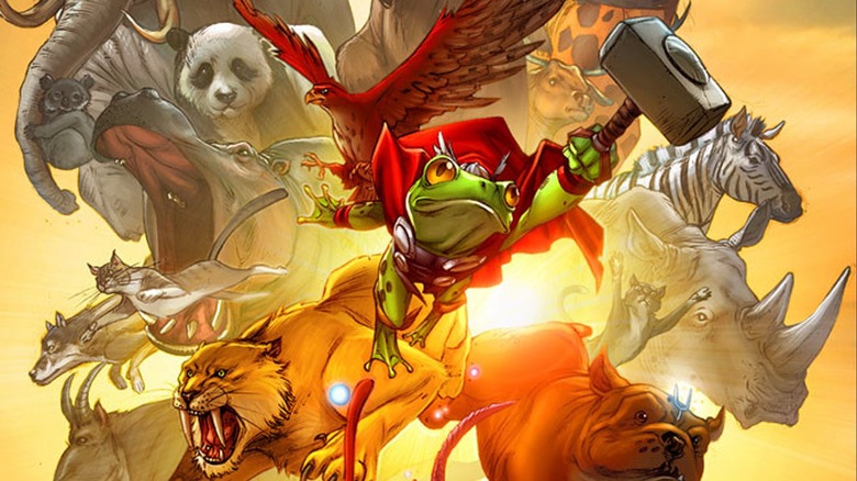 Throg flying with animals behind