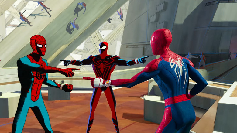 Spider-Men pointing at each other