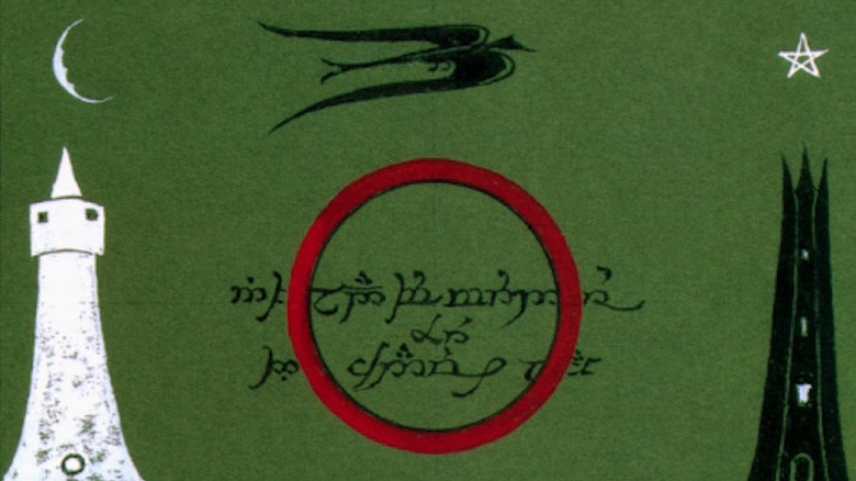 A book cover with two towers around a ring and flying Nazgûl