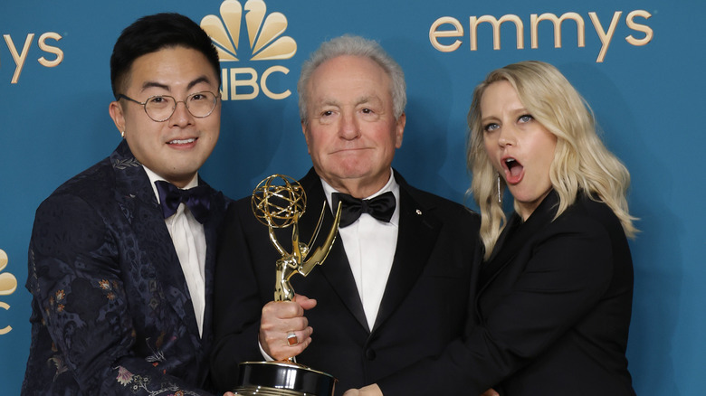 Bowen Yang, Lorne Michaels, and Kate McKinnon at the Emmy Awards