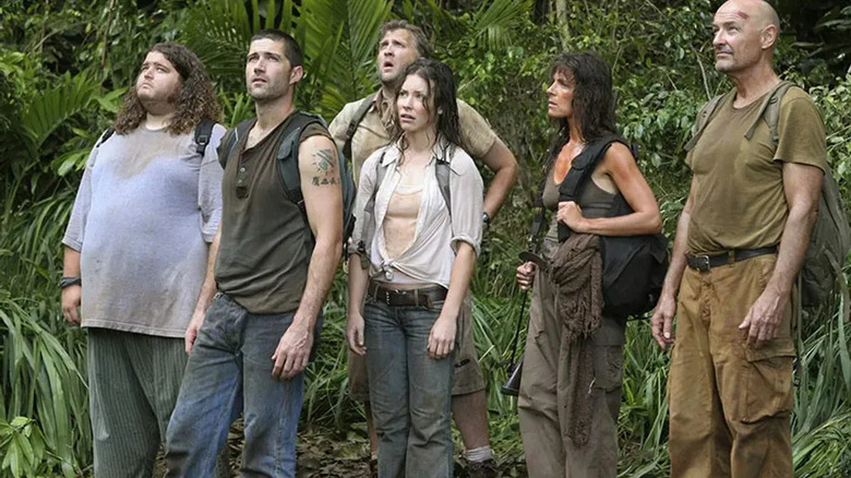 Hurley, Jack, Kate, Locke, and Danielle looking toward distance