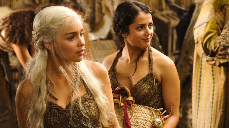 Emilia Clarke and Amrita Acharia on "Game of Thrones"