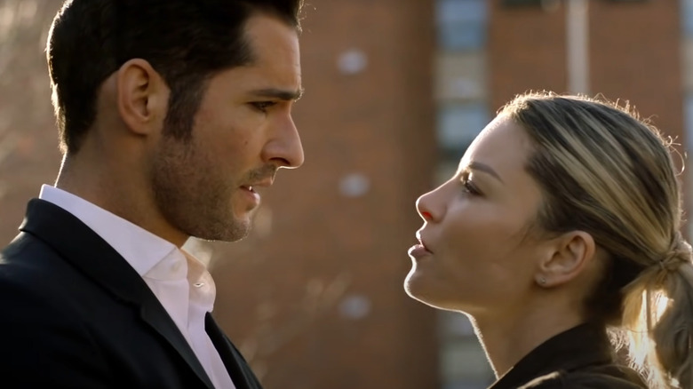 Lucifer Morningstar and Chloe Decker facing each other