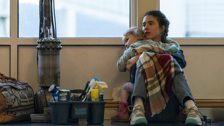 Margaret Qualley and young girl in Maid