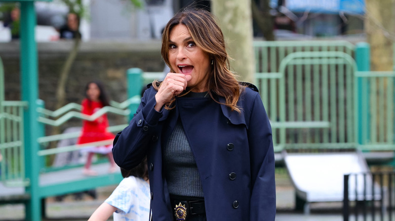 Mariska Hargitay posing in playground